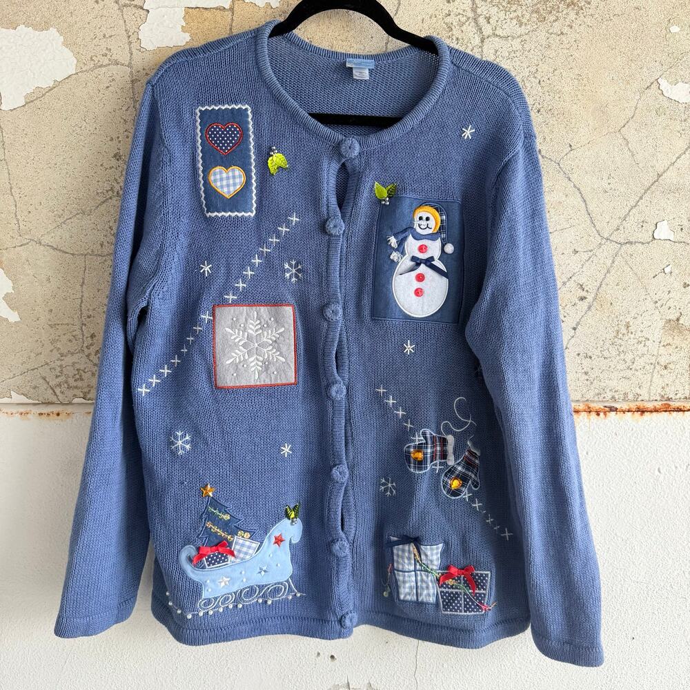 Christmas Sweater Cardigan Snowman Sleigh Presents Embroidered Womens XL Holiday